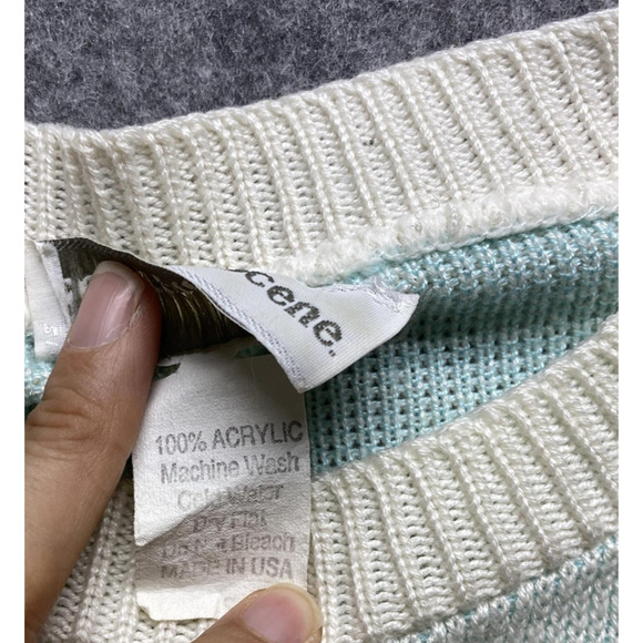 Vintage Separate Scene Sweater Womens Medium Aqua Cream Chevron Cap Sleeve USA - Picture 7 of 8